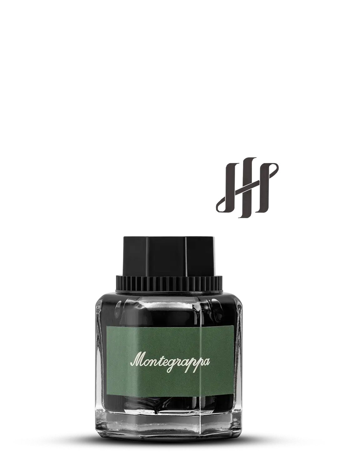 Flacon de cerneală Montegrappa Signature Black cu etichetă verde și capac negru, în recipient hexagonal din sticlă transparentă