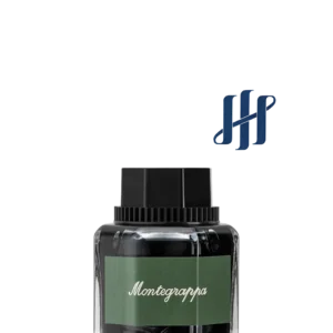 Recipient de cerneală Montegrappa Signature Blue în flacon transparent, cu etichetă verde și capac negru