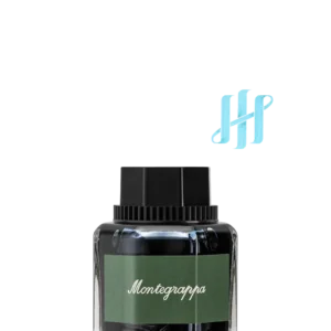 Flacon de cerneală Montegrappa Signature Turquoise, cu etichetă verde și capac negru, alături de logo turcoaz
