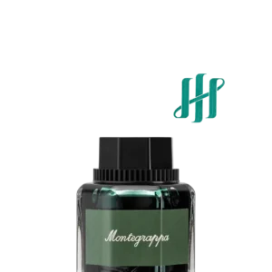 Flacon de cerneală Montegrappa Signature Verde, cu etichetă verde și capac negru, alături de logo verde-veronese