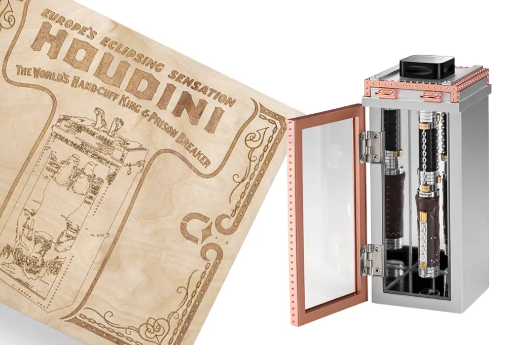 Set Penna Houdini Montegrappa, stilou de lux prezentat în vitrină premium, alături de document istoric inspirat de Harry Houdini.