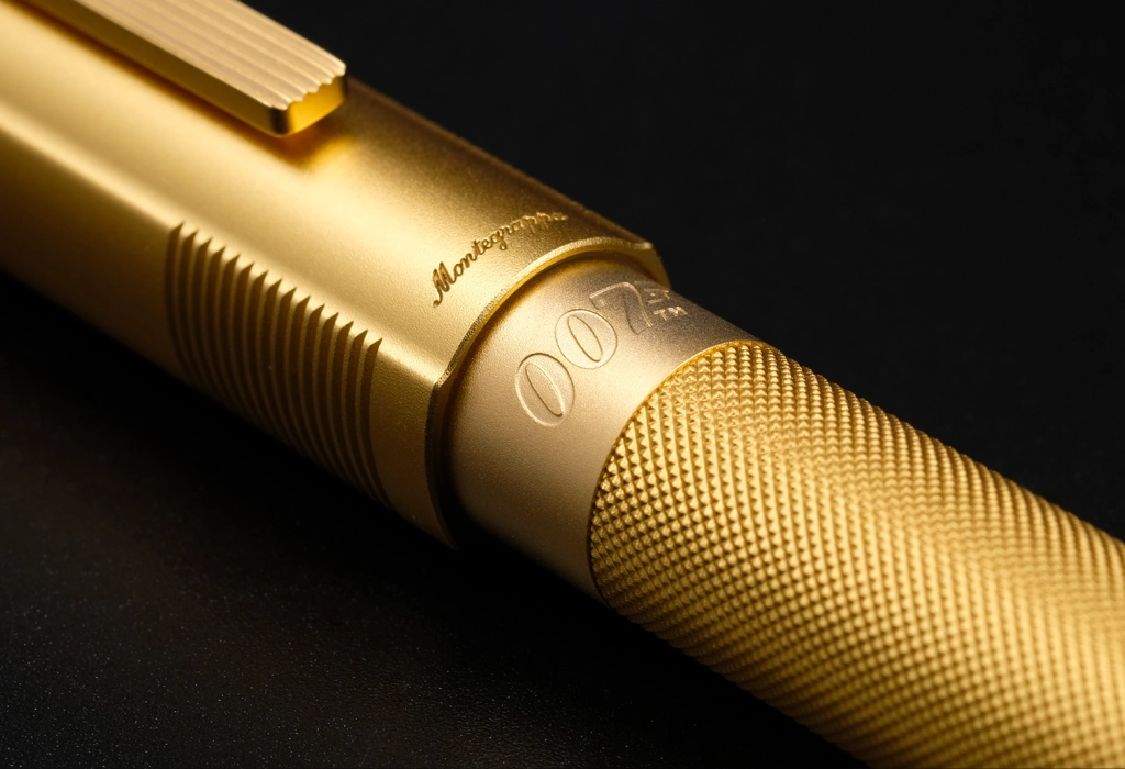 Stilou Goldfinger de lux Montegrappa, finisaj auriu integral, detaliu texturat și numerotare ediție specială.