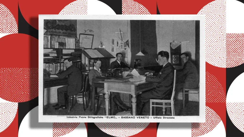 Fotografie de arhivă cu biroul și atelierul Elmo din Bassano Veneto, începuturile producției de stilouri, tradiție și meșteșug, Luxury Grand Store